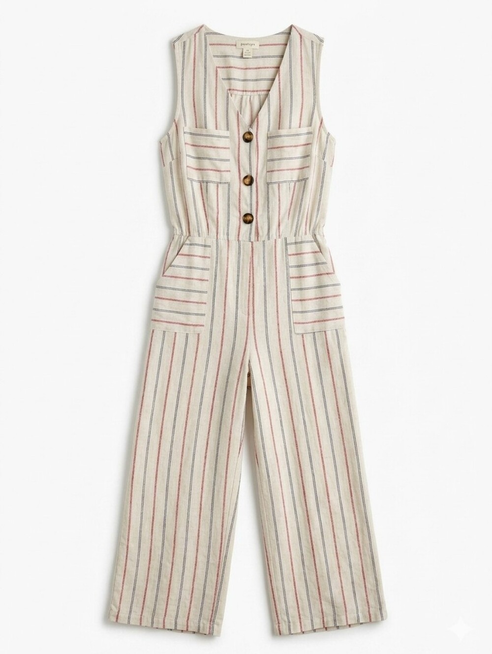 Boho Chic Monteau Cream Sleeveless Striped Jumpsuit with Red & Blue Stripes